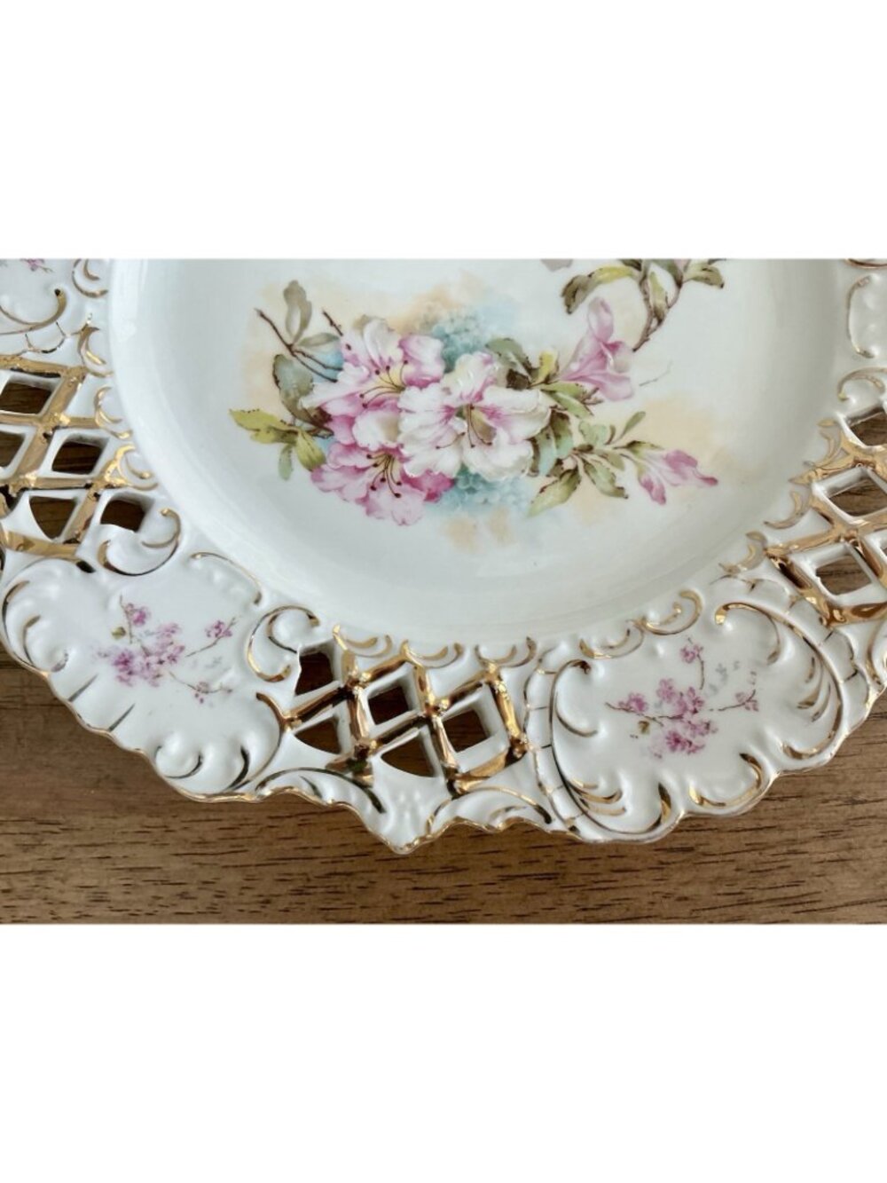 Antique Pierced Porcelain Plate Apple Blossom Floral Gold Gilt 10in - Picture 6 of 16